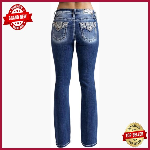 Mid-Rise Bootcut Jeans with Abstract Stitch Design and Rhinestones